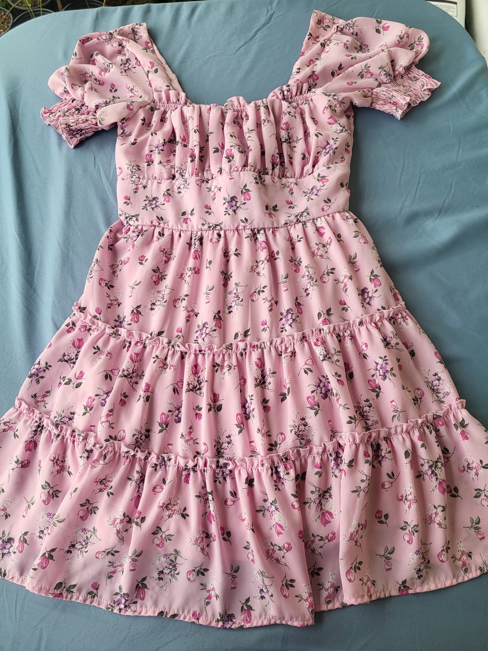 Trixxi Pink Floral Tiered Sundress with Puff Sleeves